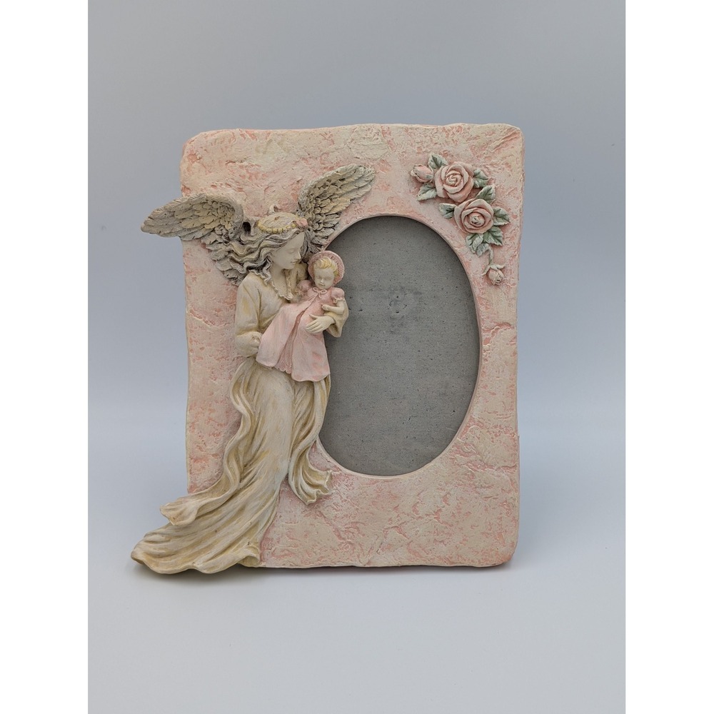 Vintage Guardian Angel Child Picture Frame Pink Roses Shabby Chic Cottagecore